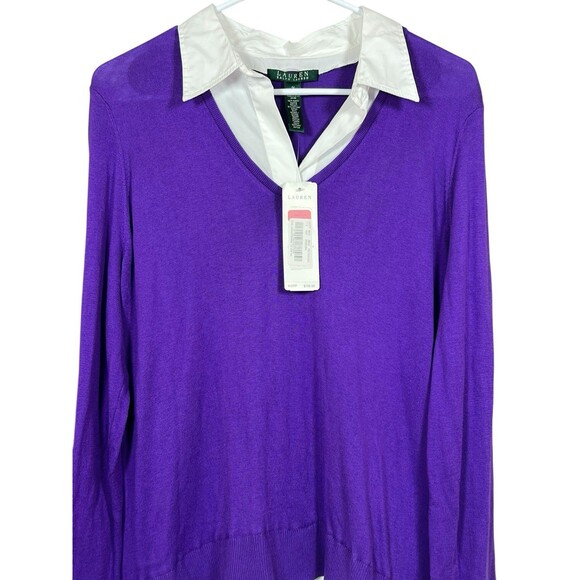 Lauren Ralph‎ Lauren 1X Plus Sweater Tunic Purple V-Neck Knit Top Shirt Hem NWT - Picture 2 of 11